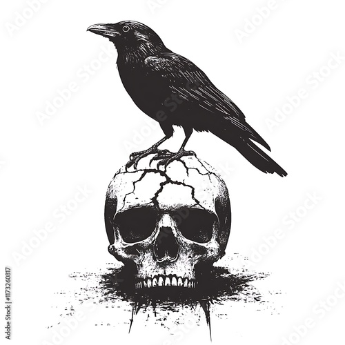 Black crow perched on a cracked skull. photo