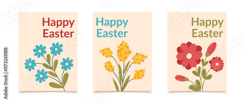 Set of Easter greeting cards with flowers. Vector flat posters isolated on white.