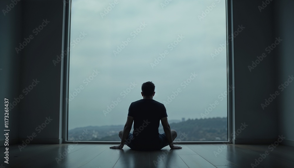 Fototapeta premium Young man sitting on the floor, feeling melancholy while looking out of a large window on a cloudy day
