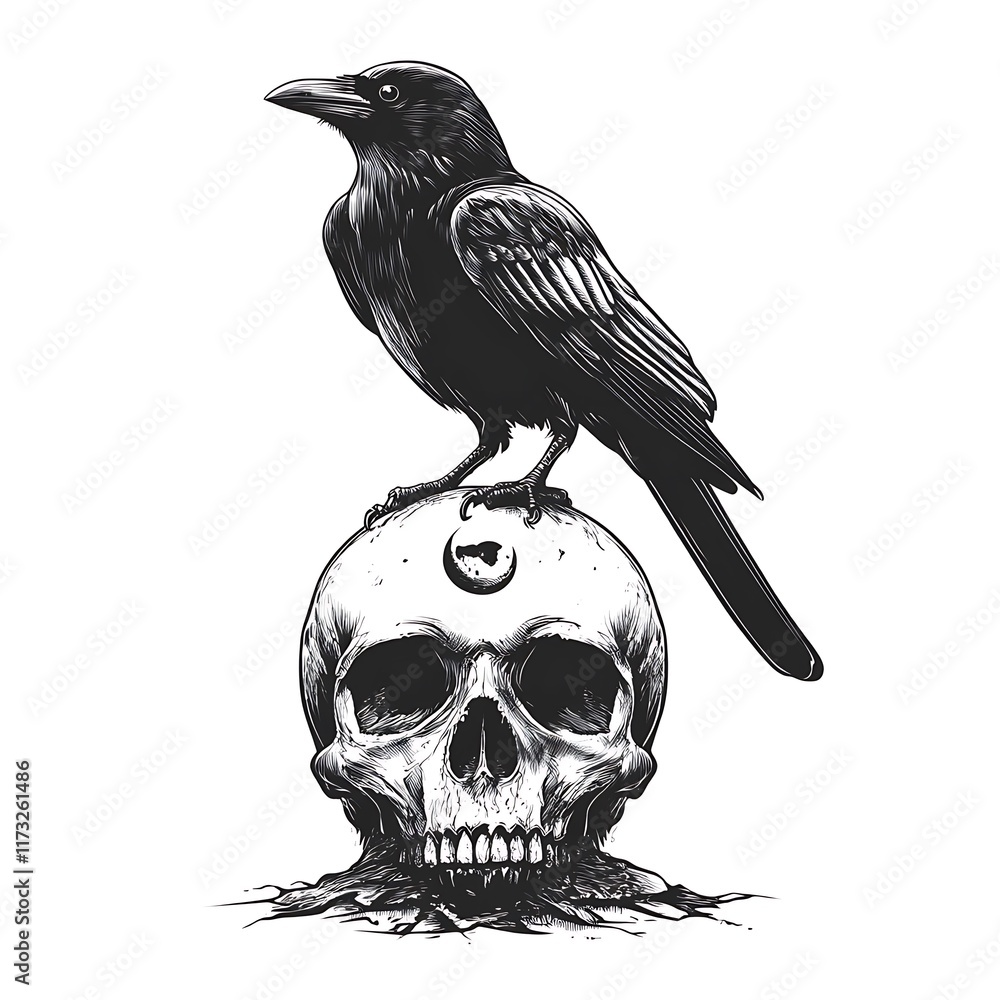 Fototapeta premium Black crow perched on a detailed human skull graphic.