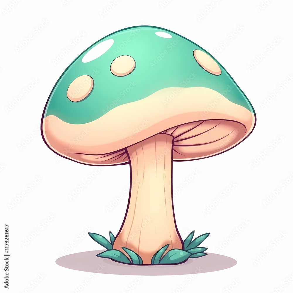 Enchanted Mushroom: A whimsical illustration of a teal mushroom with cream accents, nestled amongst blades of grass. Perfect for children's books, whimsical designs, and fantasy-themed projects. Enchanted Mushroom: A whimsical illustration of a teal mushroom with cream accents, nestled amongst blades of grass. Perfect for children's books, whimsical designs, and fantasy-themed projects.