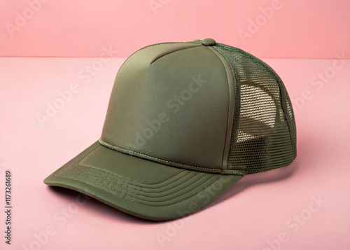 Olive Green Trucker Hat Mockup on Solid Background