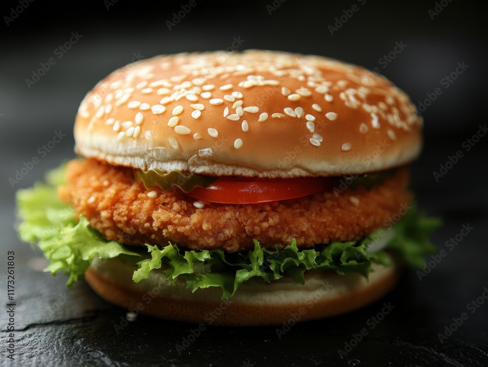 A hamburger with lettuce and tomato on top A hamburger with lettuce and tomato on top