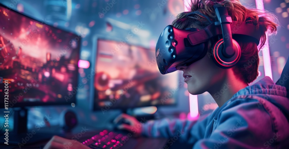 A young person wearing a VR headset and headphones plays a video game on a computer. A young person wearing a VR headset and headphones plays a video game on a computer.