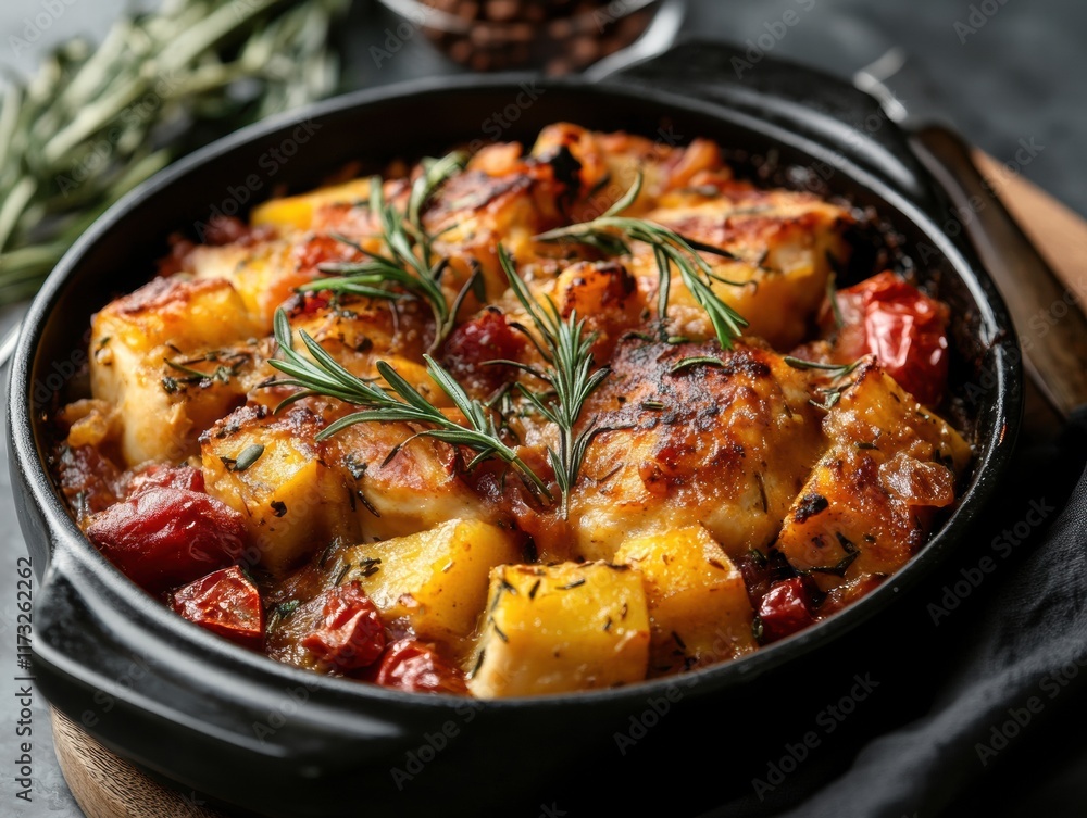 A black pot with a variety of food in it A black pot with a variety of food in it