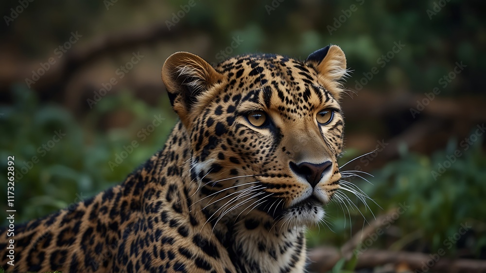 leopard face close up potrait in green tree forest habitat background leopard face close up potrait in green tree forest habitat background
