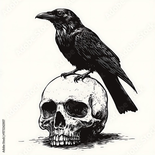 Raven perched atop a human skull. photo