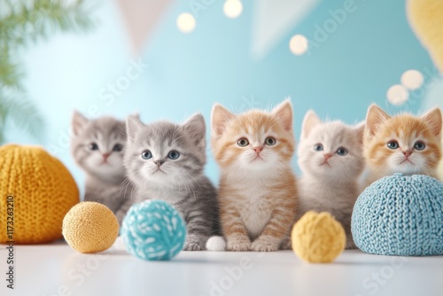 A detailed 3D rendering of a group of kittens in a colorful playroom, surrounded by interactive toys and pillows photo