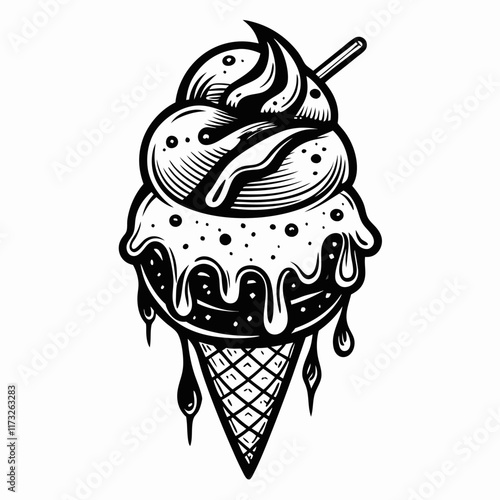 Vintage Ice Cream Cone Illustration with Swirling Scoops and Melting Syrup Drips