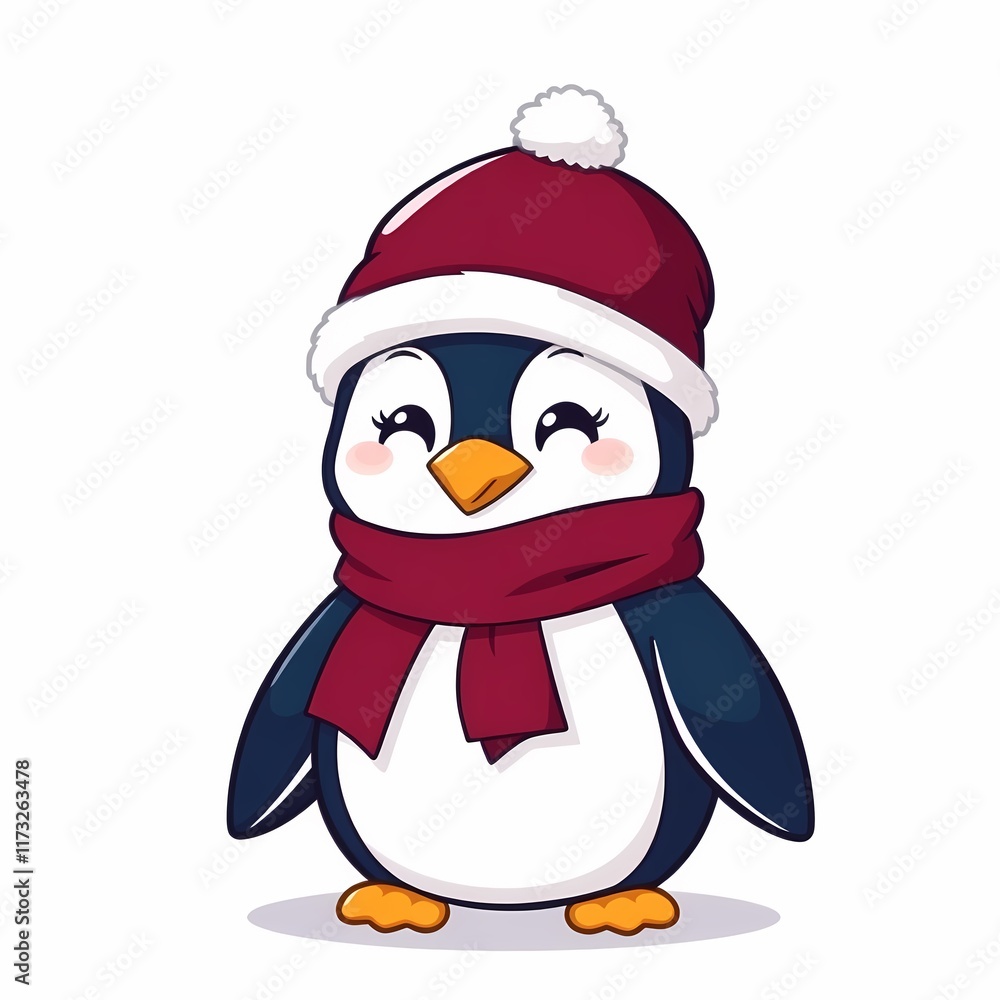 Fototapeta premium Cute Penguin in Winter Hat and Scarf 