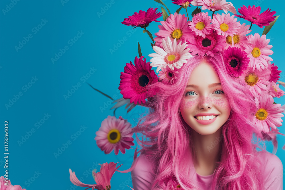 Naklejka premium A floral spring concept featuring fresh spring flowers adorning the face and body of a young, beautiful, smiling girl with vibrant, lush pink hair, set against a simple blue background.