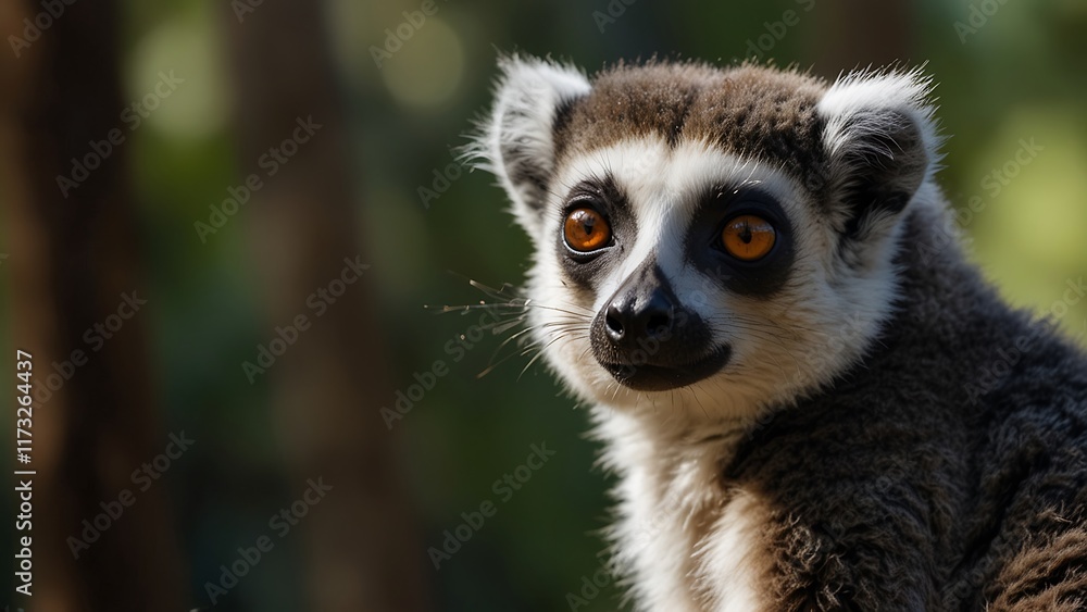 Fototapeta premium lemur detailed and close up potrait in green tree forest habitat background