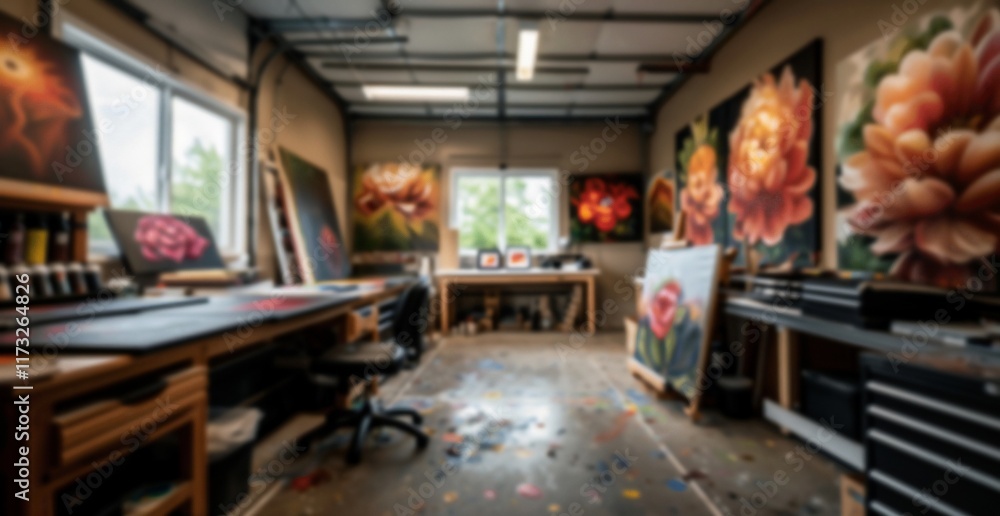 A blurred photo of a cluttered art studio with paintings leaning against the walls and paint splattered on the floor. A blurred photo of a cluttered art studio with paintings leaning against the walls and paint splattered on the floor.