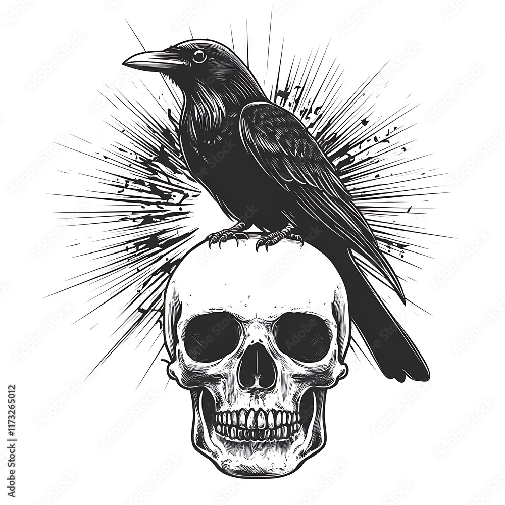Obraz premium Crow perched on skull with burst background.