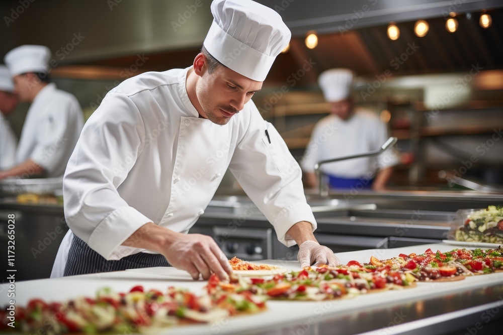 Skilled chef in modern kitchen artfully prepares gourmet pizza with fresh toppings and ingredients Skilled chef in modern kitchen artfully prepares gourmet pizza with fresh toppings and ingredients
