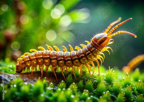 Golden Centipede Macro Photography: Lush Forest Detail photo