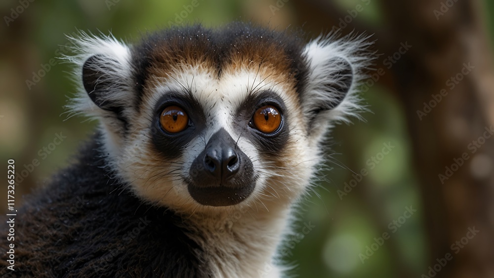 Fototapeta premium lemur face close up potrait in green tree forest habitat background