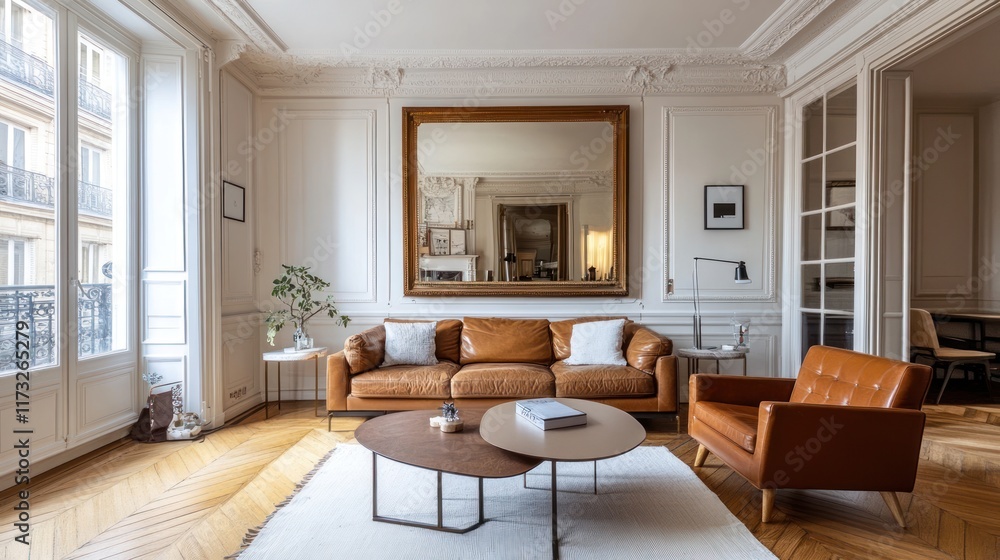 Fototapeta premium Parisian apartment living room, leather sofa, mirror, city view, interior design