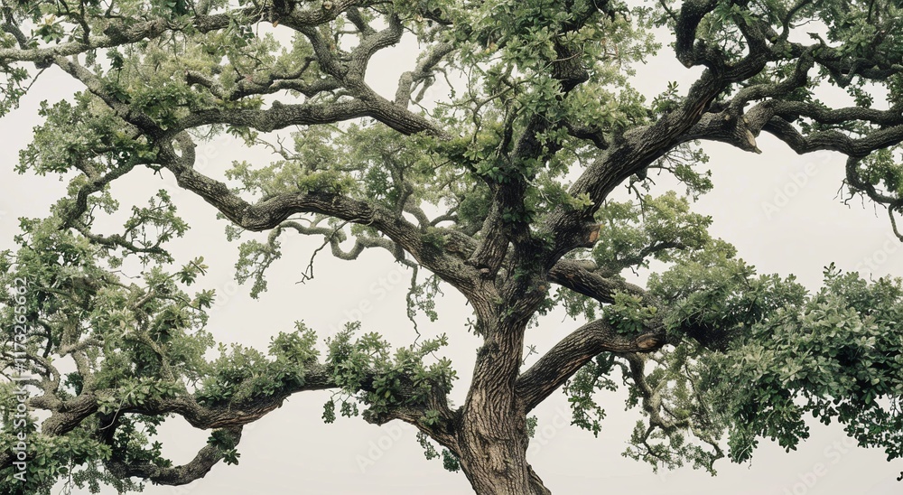 Majestic oak tree branches reaching towards a hazy sky. A serene image, showcasing nature's beauty. Majestic oak tree branches reaching towards a hazy sky. A serene image, showcasing nature's beauty.