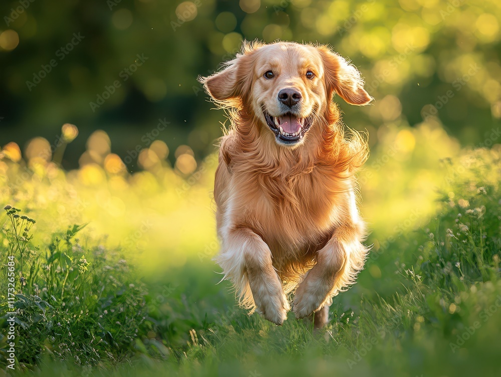 A cheerful golden retriever is joyfully sprinting through a vibrant, lush green field, basking in the warmth of a sunny afternoon A cheerful golden retriever is joyfully sprinting through a vibrant, lush green field, basking in the warmth of a sunny afternoon