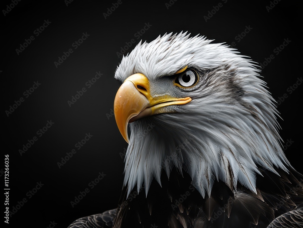 Fototapeta premium Close-up of a bald eagle showcasing its piercing eyes and sharp beak in a dramatic light setting, emphasizing the beauty of this majestic bird of prey