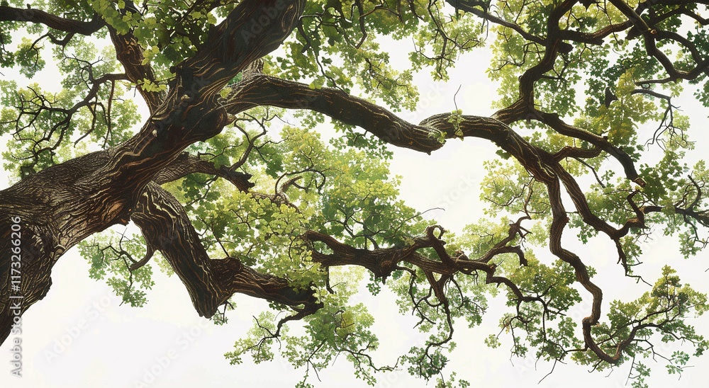 Looking up at a majestic old tree with gnarled branches and lush green leaves against a bright sky. Nature's beauty in vibrant detail. Looking up at a majestic old tree with gnarled branches and lush green leaves against a bright sky. Nature's beauty in vibrant detail.