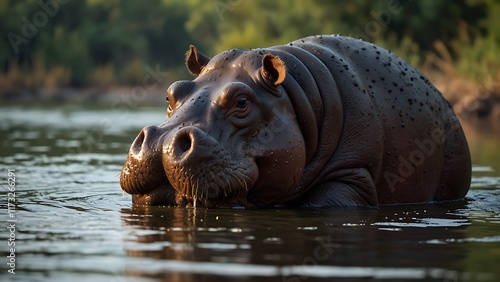 hippopotamus close up potrait in river forest habitat background photo