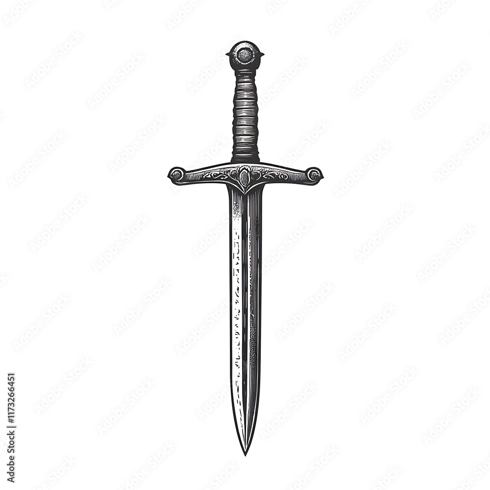 Detailed drawing of a medieval sword on a white background. Detailed drawing of a medieval sword on a white background.