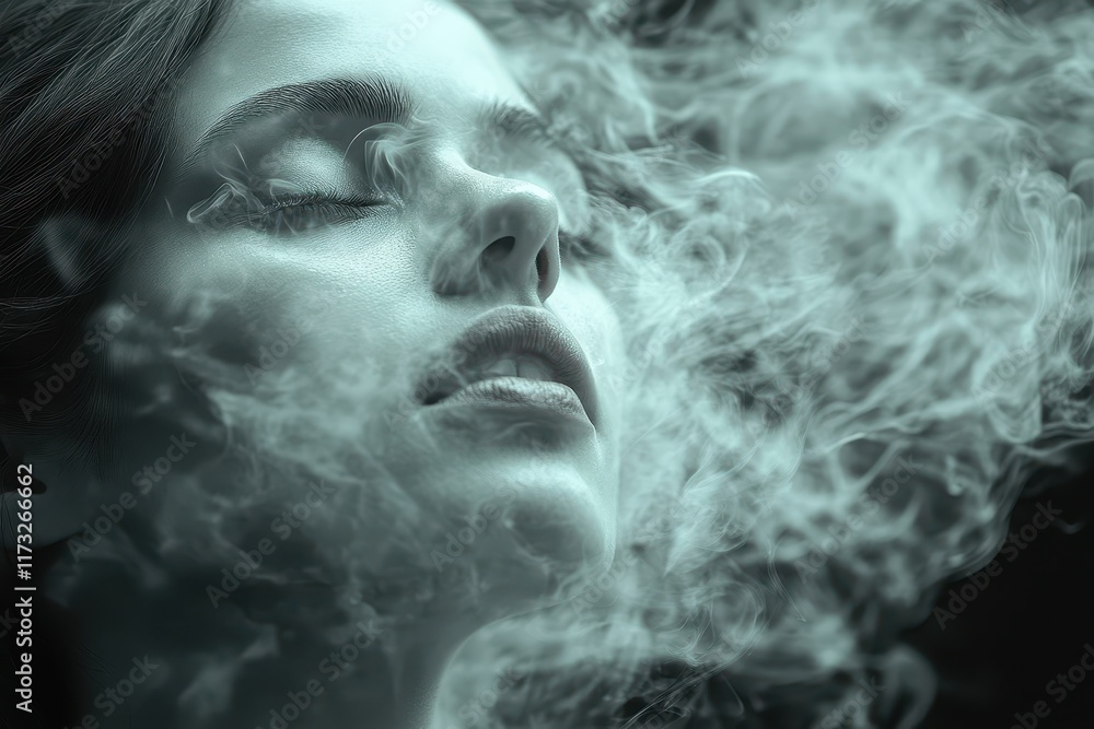 Captivating portrait of a woman immersed in ethereal smoke during a serene moment of reflection Captivating portrait of a woman immersed in ethereal smoke during a serene moment of reflection