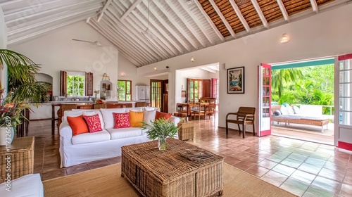 Tropical home interior, open-plan living area with patio access. photo