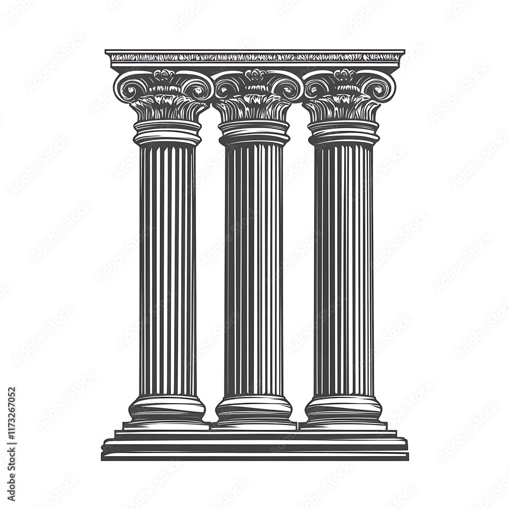 Obraz premium Three ornate ionic columns, detailed vector illustration on white.