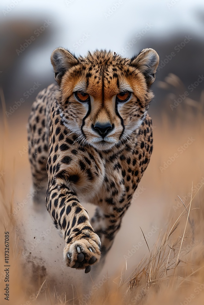 Fototapeta premium A cheetah sprinting through tall grass in a natural habitat.