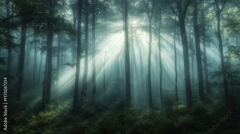 Obraz premium A thick layer of fog envelops the forest, while gentle sunbeams filter through the haze, creating a tranquil atmosphere perfect for exploration and adventure
