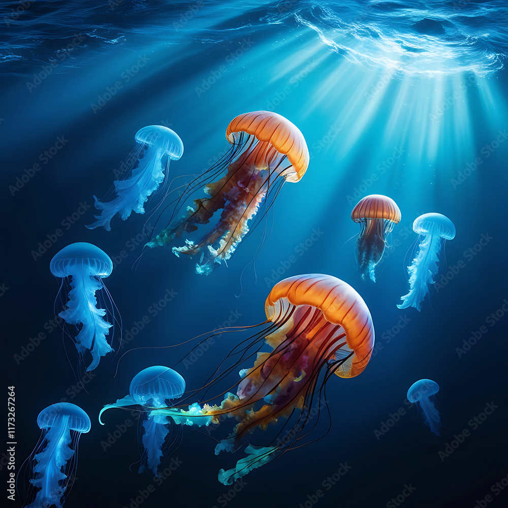 Glowing underwater scene with jellyfish and bioluminescent marine life Glowing underwater scene with jellyfish and bioluminescent marine life