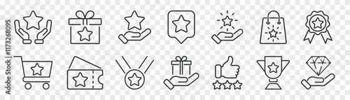 Bonus, benefit, offer and reward. Vector linear icon set.