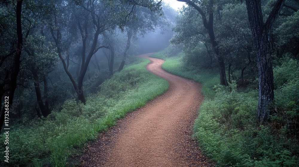 Explore a meandering forest trail shrouded in a gentle mist during the serene early morning hours, all surrounded by a lively and colorful woodland Explore a meandering forest trail shrouded in a gentle mist during the serene early morning hours, all surrounded by a lively and colorful woodland