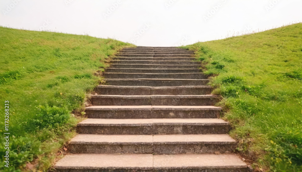 Stepping up the stone stairs surrounded by lush green hills on a cloudy day Stepping up the stone stairs surrounded by lush green hills on a cloudy day