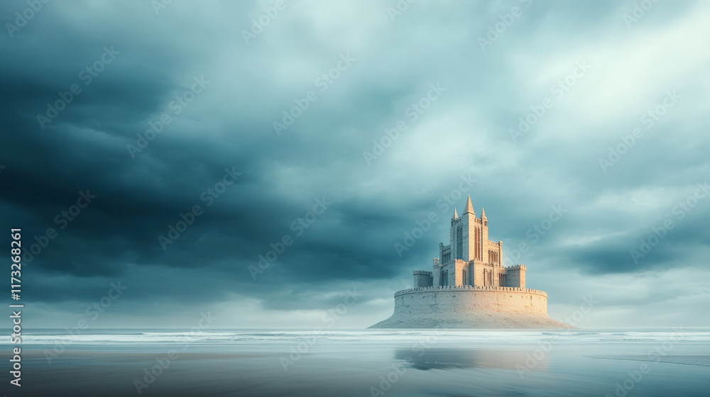 Majestic medieval castle on serene island under dramatic skies, surrounded by reflective waters. A perfect travel destination marvel. Majestic medieval castle on serene island under dramatic skies, surrounded by reflective waters. A perfect travel destination marvel.
