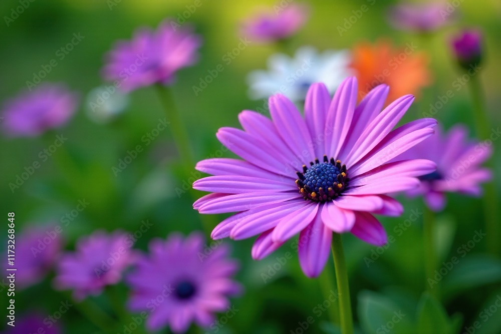 Lush green stem supports a bright purple daisy with delicate petals, bloom, garden, plant Lush green stem supports a bright purple daisy with delicate petals, bloom, garden, plant