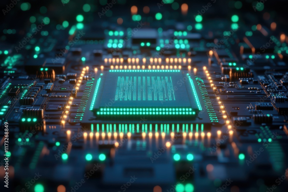 Obraz premium Glowing circuit board illuminated in a dark setting, showcasing intricate details and vibrant colors emanating from the components