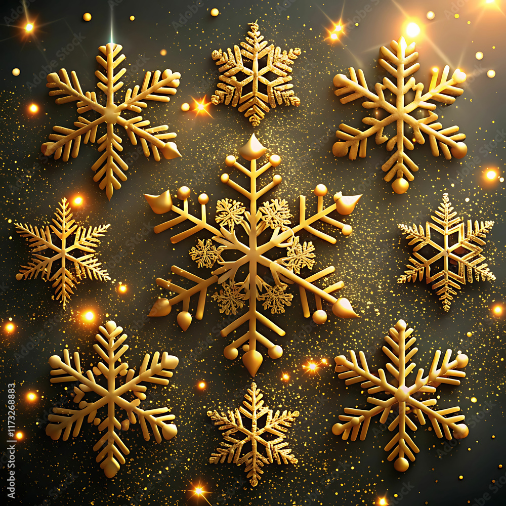 Elegant 3D Golden Snowflakes on Dark Background with Sparkling Glow Elegant 3D Golden Snowflakes on Dark Background with Sparkling Glow