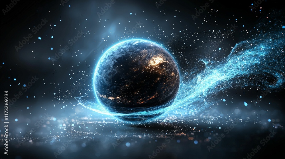 Obraz premium fiber optic and installation concept. A glowing orb amidst swirling cosmic particles in a dark space setting.