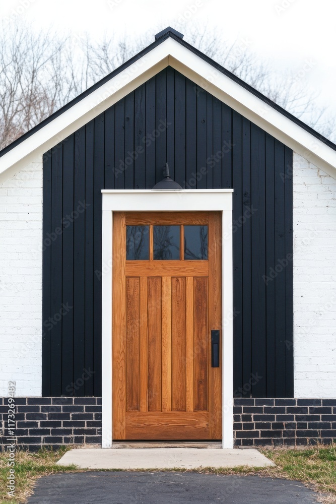 Fototapeta premium Beautiful wooden door design enhances the charm of a modern black and white house in a serene neighborhood during early spring