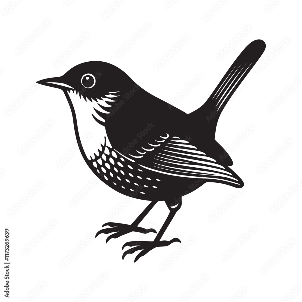 Obraz premium wren bird silhouette, black and white silhouette, vector and illustration