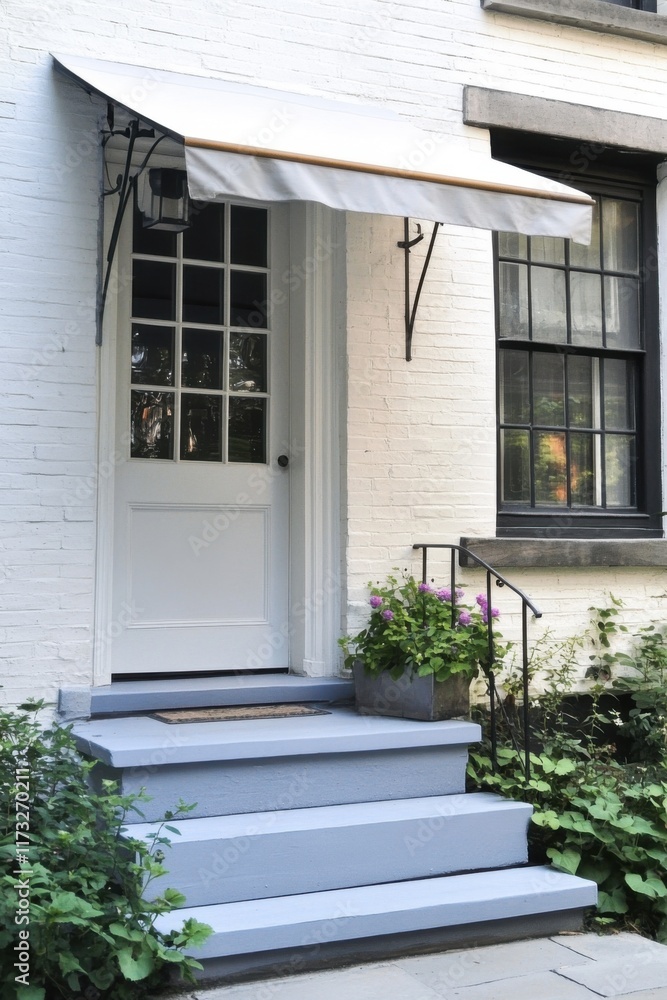 Welcoming entryway with white door and steps adorned with potted flowers near a brick wall in a residential neighborhood Welcoming entryway with white door and steps adorned with potted flowers near a brick wall in a residential neighborhood