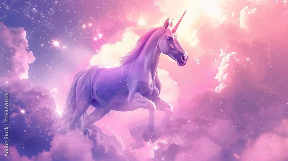 Majestic unicorn galloping through pastel clouds and stars. Majestic unicorn galloping through pastel clouds and stars.