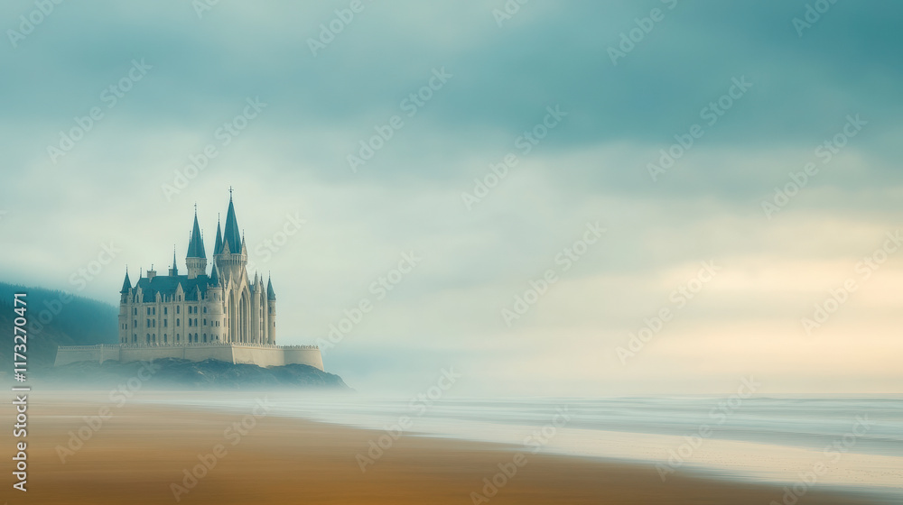 Enchanting seaside castle with misty surroundings at dawn, showcasing dramatic architecture and serene coastal views for ultimate tranquility. Enchanting seaside castle with misty surroundings at dawn, showcasing dramatic architecture and serene coastal views for ultimate tranquility.