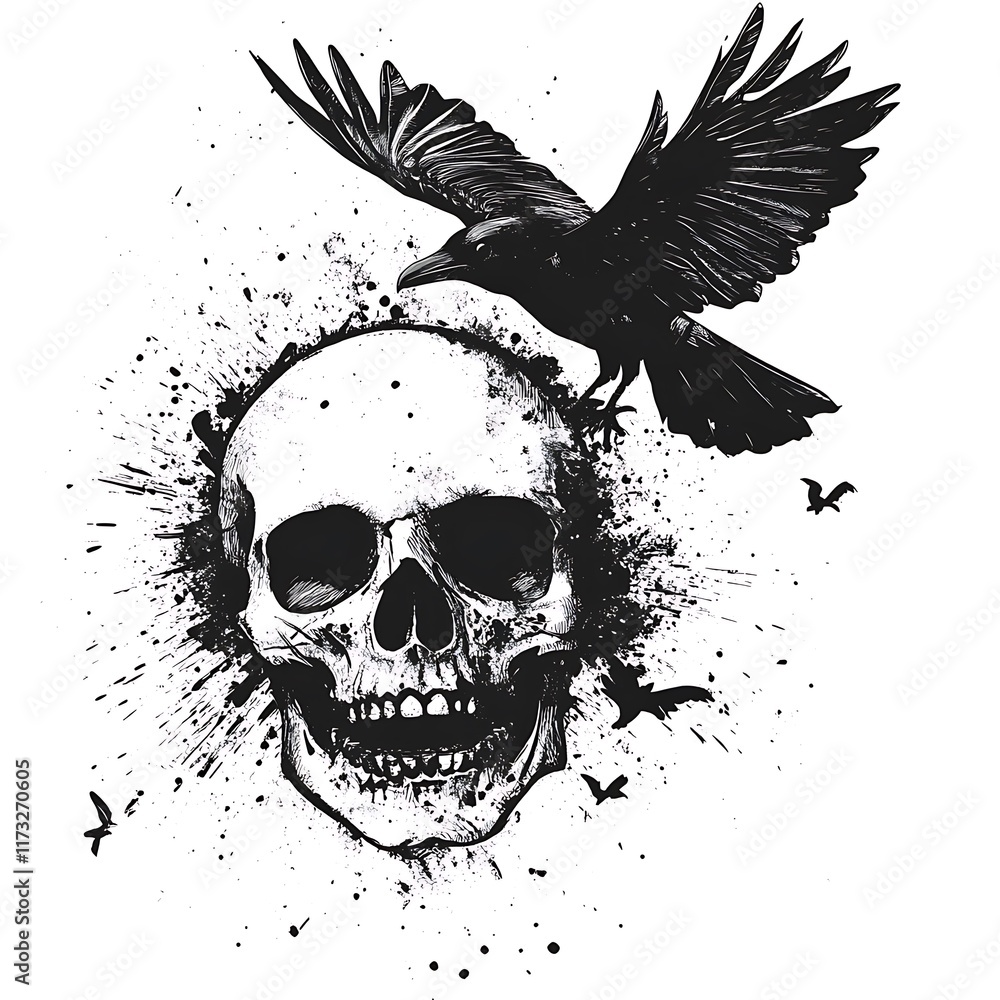 Fototapeta premium Raven perches on a skull, with splatters.