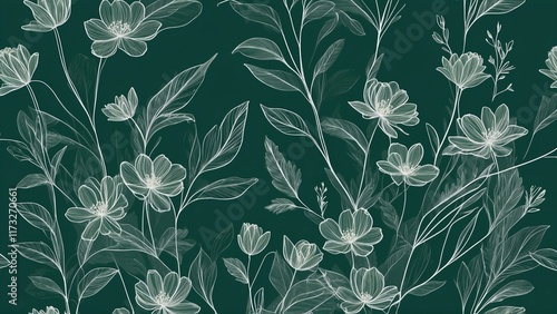Elegant monochrome floral pattern with delicate white line art on a dark green background