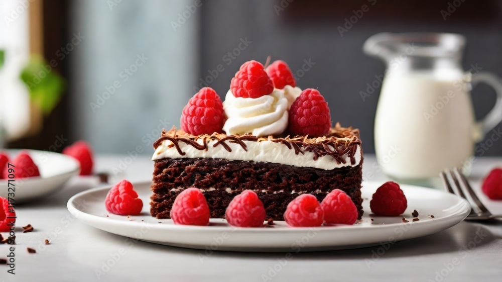 A realistic shot of a vegan chocolate cake slice topped with coconut whipped cream and fresh raspberries, served on a minimal white plate with a fork. The background features soft bokeh